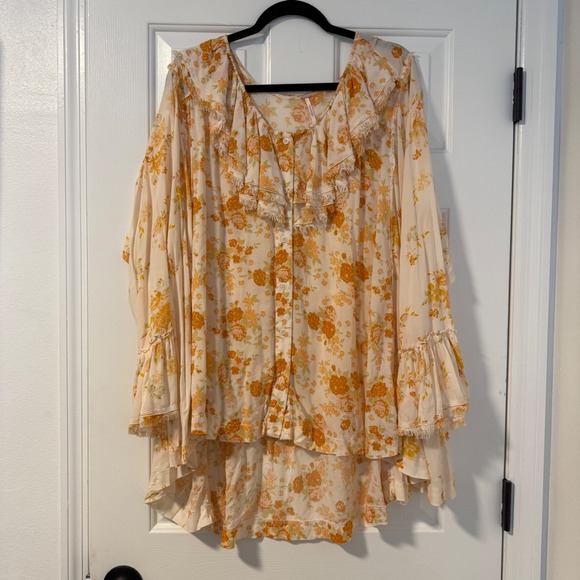 Free People Loretta Tunic Top Oversized Ruffle Tea Combo Floral Boho Chic Medium - Picture 4 of 14